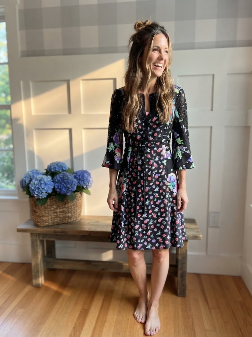 Nanette Lepore Black Floral Midi Wrap Dress with Bell Sleeves 4